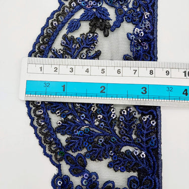 Black Net Scallop Lace Trim with Navy Blue Floral Embroidery With Sequins, Sari Border, Embroidered Trim